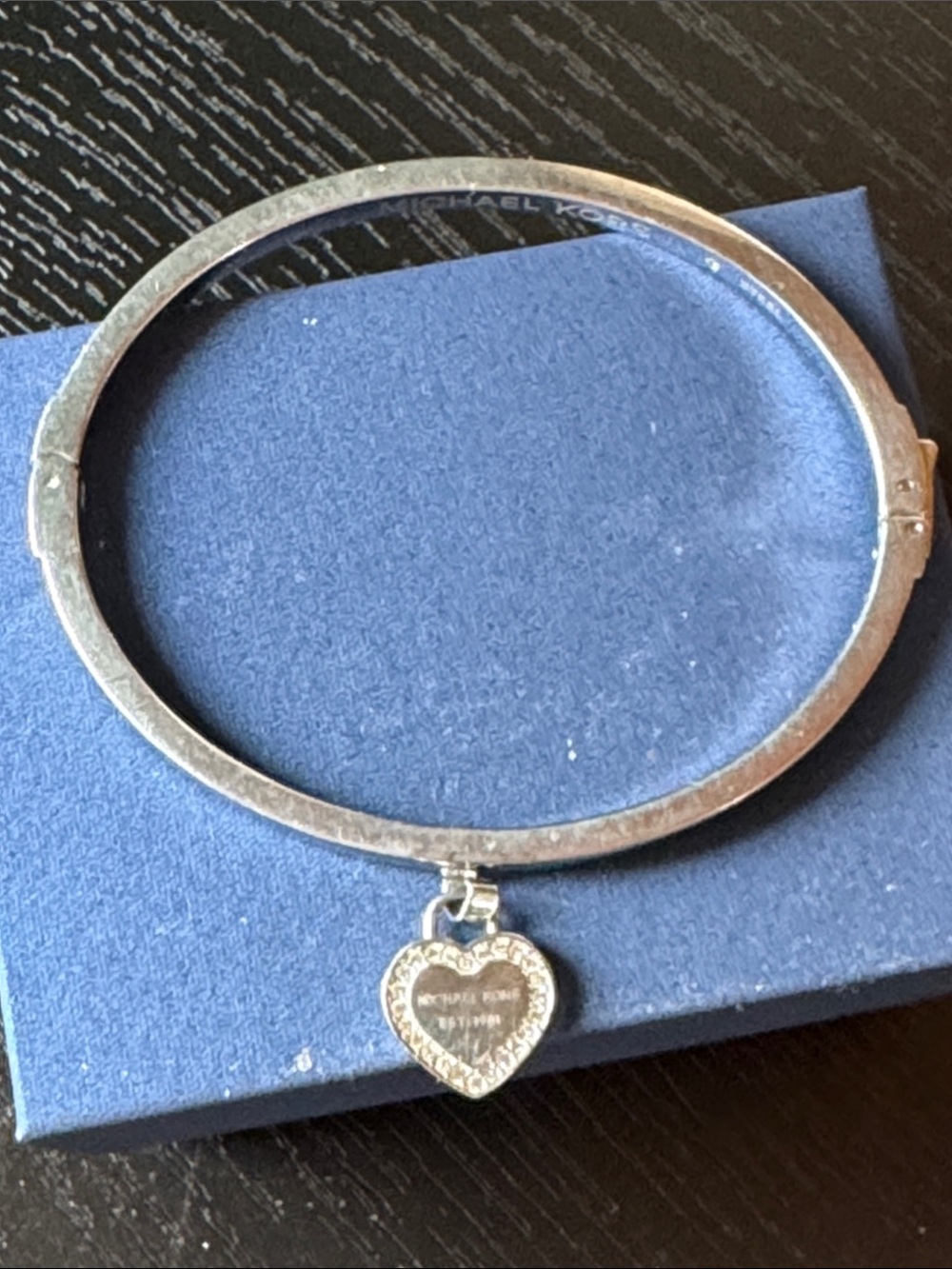 Michael Kors Silver Heart Charm Bangle Bracelet with Crystal Trim